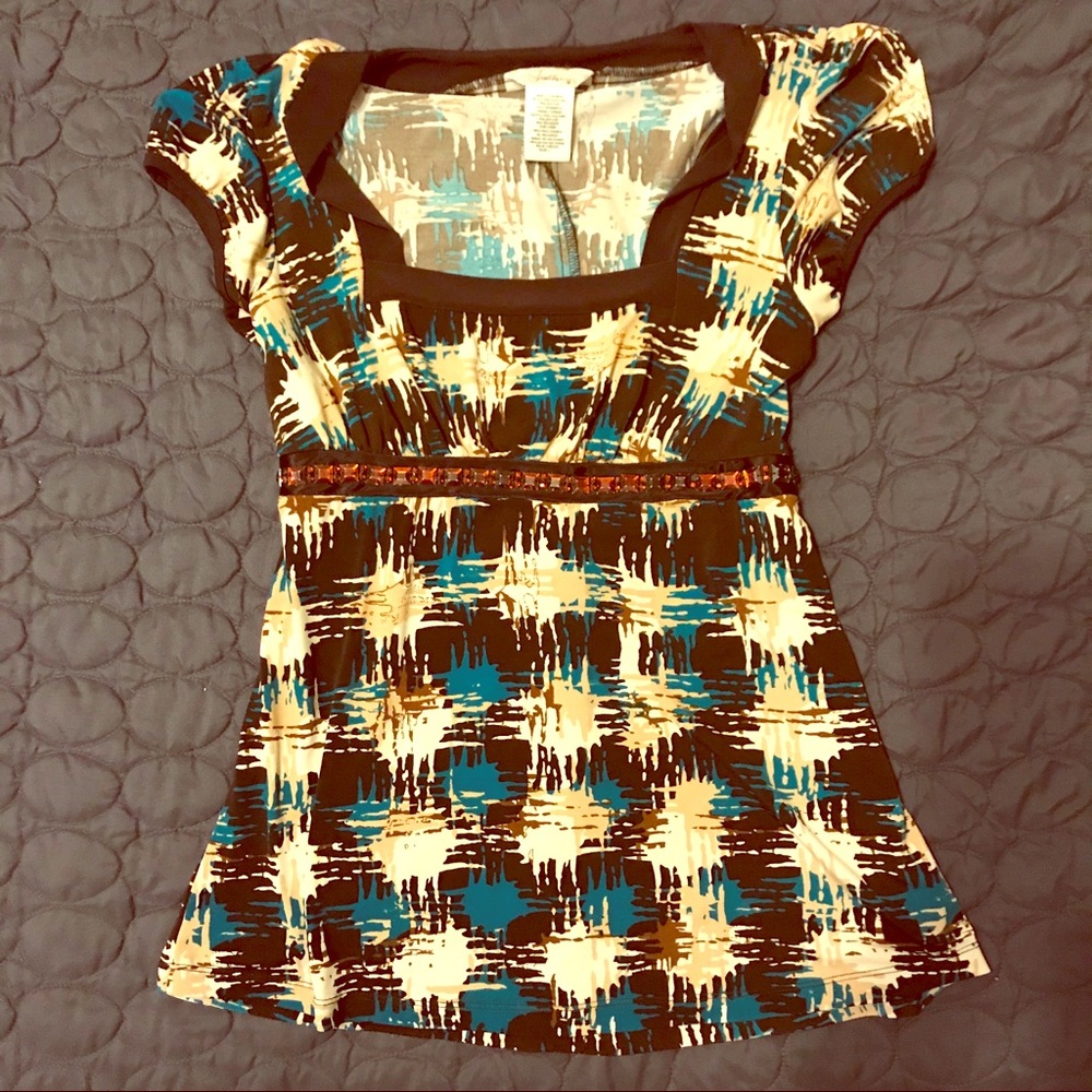 Large Brown and Teal Dress Top